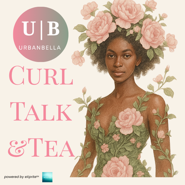 Illustration of a smiling Black woman with natural hair styled in tall pink roses and green leaves. She wears a floral dress, set against a soft background. The image promotes Urbanbella’s Curl Talk & Tea™ event, powered by eXprite™.

