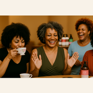 Black ladies laughing while having a cup of team with Urbanbella Curly Hair Care products in the background